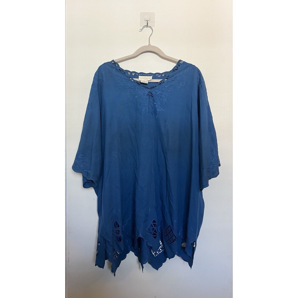 Bali Emerald Blue Flowy Boho Embroidered Cut-Out Tunic Blouse 2X